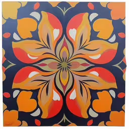an art painting of abstract shapes with blue, red and orange,an abstract flower painting with orange, yellow, and red colors