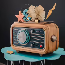 the radio has been placed on a blue table