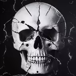 a skeleton with some cracked teeth and a skull head