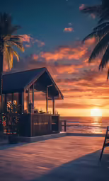 a gazebo is on the side of the ocean