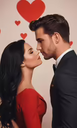 an attractive couple is kissing against a heart shaped wall