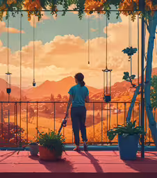 a person holding a plunger walking across a patio,there is a woman that is standing in the balcony