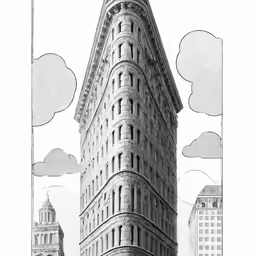 an illustrated drawing of a skyscraper and clouds