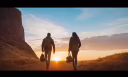 the two people are walking down the trail to see the sunset
