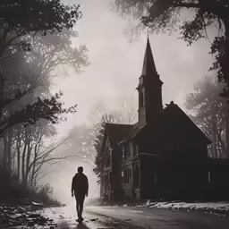 a person walking down the road towards an old church