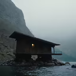 a dock with a light on on it and foggy hills in the distance