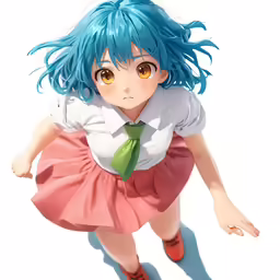 a girl wearing a skirt and shirt with green hair