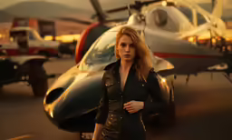 a woman in leather clothing standing by a helicopter