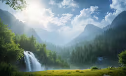 a mountain stream in a green valley below a waterfall