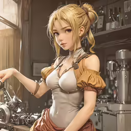 the woman is standing near a machine working