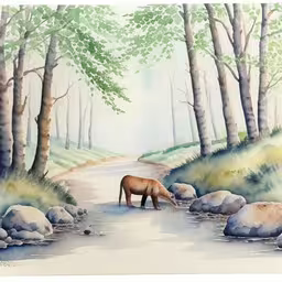 a painting of a horse standing by a small stream,a painting of two animals drinking water from a river
