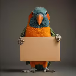 a parrot perched on the arm of a cardboard box