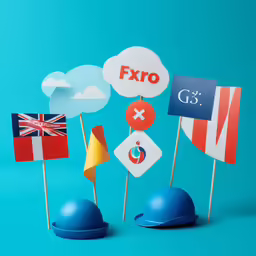 several flags and helmets on a blue background