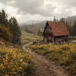 a red barn with a red roof in the background