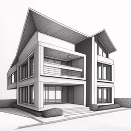 two storey building with open windows and no doors on the front,a 3d rendering of a building, with an outline showing