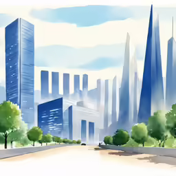 a painting of a city skyline that looks like a futuristic future