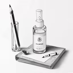 black and white photograph of pen, pencil, and ink container