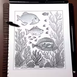 a book with drawings on it and a pencil resting next to it