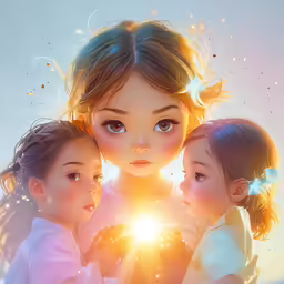three young girls are shown looking at each other
