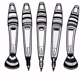 black and white illustration of three different brush pens,the four brushes and a couple of different types,the three different types of pens are shown,four different pen