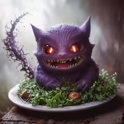 the purple cat is sitting in a plate with the eyes on