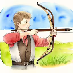a boy is holding his bow and aiming,a boy holding up an archery bow and a stick