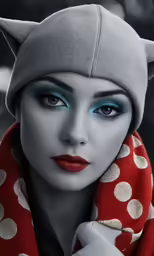 a woman with big eyes and hat wearing a scarf