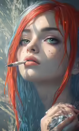 a girl with long hair and blue eyes, smoking a cigarette
