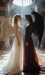 two women wearing costumes stand in a building with large black wings