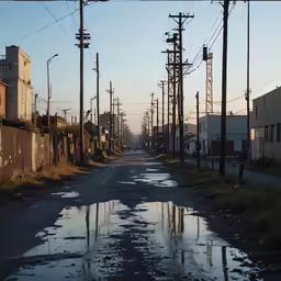 the road is surrounded by old buildings and wires