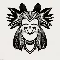 black and white drawing of a woman with feathers on her head