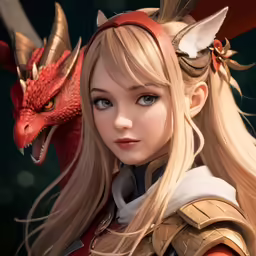 a girl with blonde hair wearing armor and a dragon