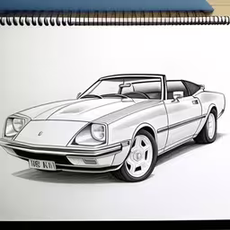 a drawing of a car with a hood or grille and a flat - top,a drawing of a white car on a piece of paper