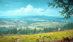 cows graze on the hilly green hillside