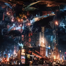 futuristic city and street scene lit up at night