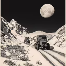 a couple of large trucks traveling down a snowy road
