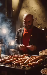 a man standing in front of a grill full of hot dogs