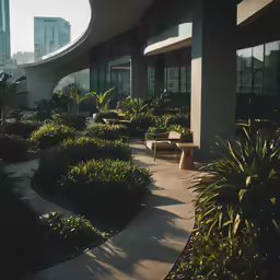 an outside park that includes benches and various plants