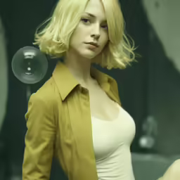 a blonde model posing wearing a short jacket