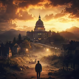 a man walking towards a church at sunset
