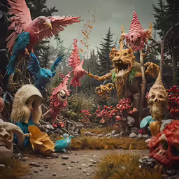 a scene with several strange figures including people
