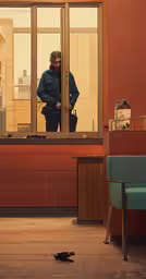 an image of a man with a suitcase and luggage standing in the window,there is a man standing in a window looking out at a building