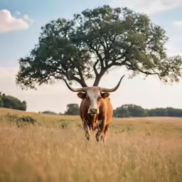 a brown bull with horns and large horns standing in a grassy field