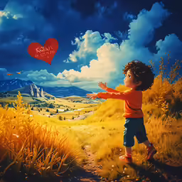 a painting of a boy flying a kite in the field