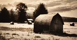 this is a snowy wintery day outside,a snowy farm yard with old wooden barns