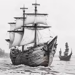 black and white photograph of a pirate ship with two other boats