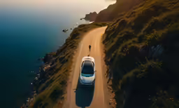 a white car is going down the road