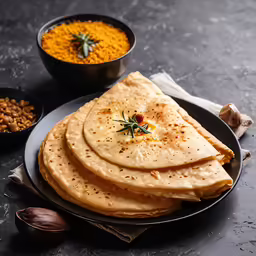 a pile of pita bread with olive on top
