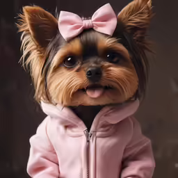 a small dog with its tongue hanging out wearing a pink coat