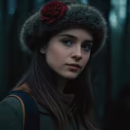 a woman with a red rose on her head